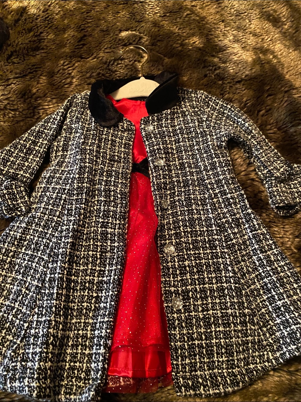 Girls Black & White Tweed Coat with Red Dress